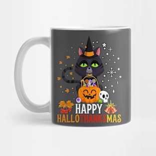 Black Cat Halloween And Merry Christmas Happy Hallothanksmas Mug